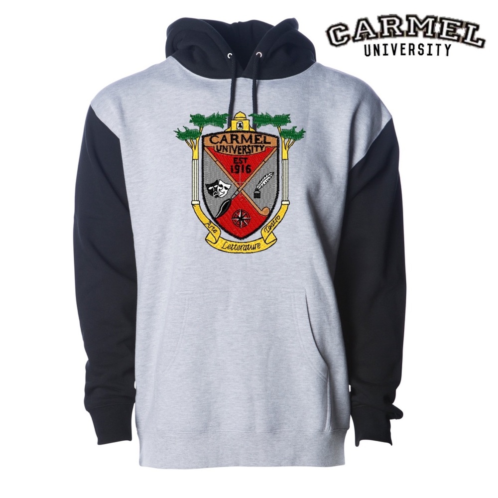 Carmel University and crest   logo  2 tone hoodie